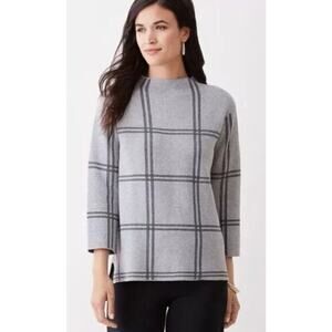 J. Jill Pullover Windowpane Plaid Knit Sweater 3/4 Sleeve Gray PM Grannycore